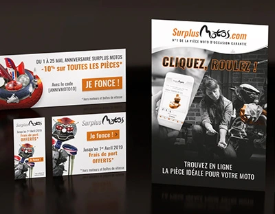 Bannières web et annonces presse, Surplus Motos (Création : AGORA VITA / Sylvain Girault - 2020)