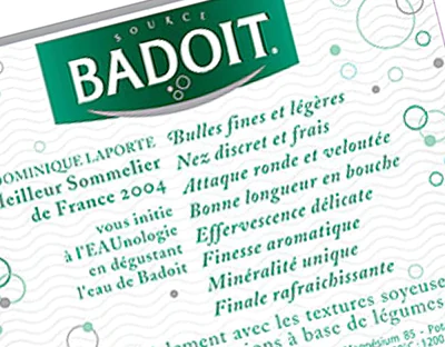 Étiquette verso de la bouteille Badoit version Café-Hôtel-Restaurant (Création : Agence Black & Gold / Sylvain Girault - 2008)