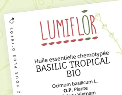 Étiquette de flacon d’huiles essentielles, Lumiflor (Création : AGORA VITA / Sylvain Girault - 2016)