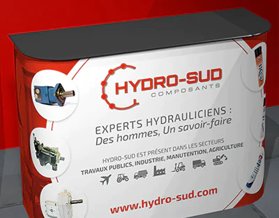 Roll-up, Comptoir, Stickers sol & Panneaux suspendus, Hydro-Sud (Création : AGORA VITA / Sylvain Girault - 2018)